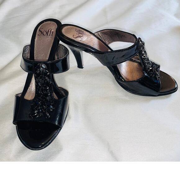 Sofft Patent Leather Heels w/ Jeweled Accents - Women's Size 7 1/2 M - Open Toe - Picture 1 of 11